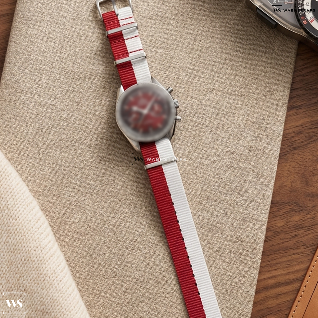 Red/White Dip Dyed Nylon Watch Strap on Omega Speedmaster 57 Co Axial Burgundy Dial