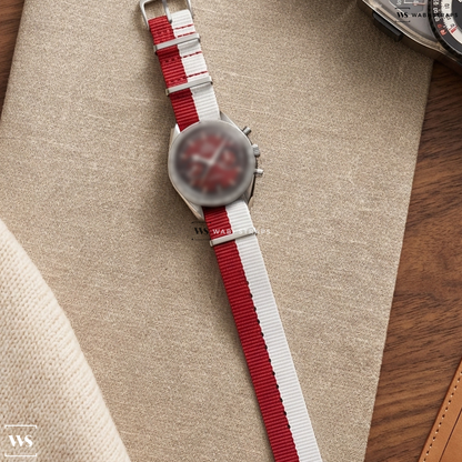 Red/White Dip Dyed Nylon Watch Strap on Omega Speedmaster 57 Co Axial Burgundy Dial