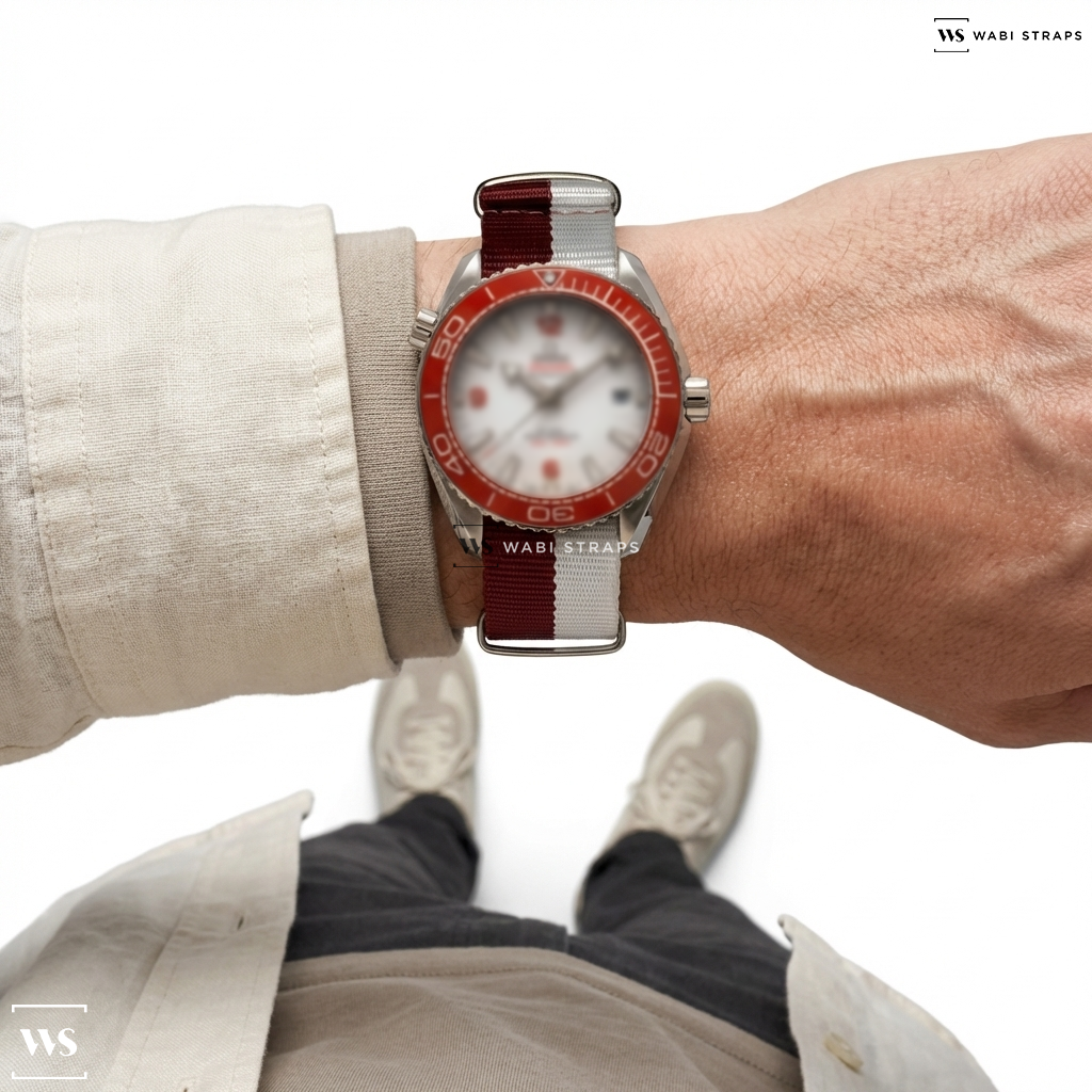 Red/White Dip Dyed Nylon Watch Strap on Omega Seamaster Planet Ocean 600M Co-Axial