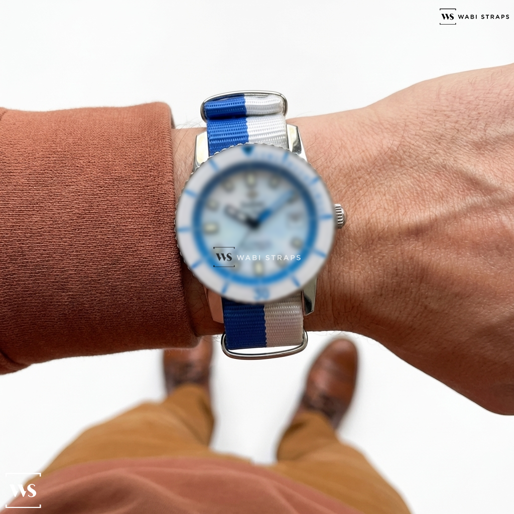 Blue/White Dip Dyed Nylon Watch Strap on Zodiac Super Sea Wolf Whitecap Blue and White Watch