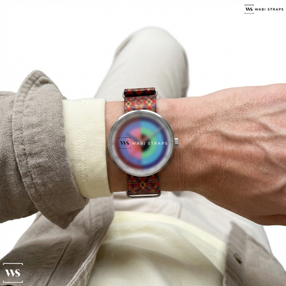 Blue/Grey/Red/Yellow Graphic Print Nylon Watch Strap on Josef Albers Homage to the Square