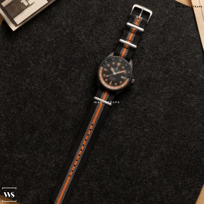 Black/Grey/Orange 2 Thick 3 Thin Stripes Nylon Watch Strap on Certina DS Action GMT Powermatic 80 Black PVD