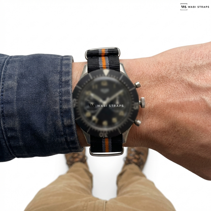 Black/Grey/Orange 2 Thick 3 Thin Stripes Nylon Watch Strap on Heuer Bundeswehr 1550SG