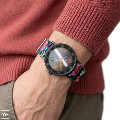Black/Green/Pink Floral Print Nylon Watch Strap on HOMMAGE À MOHOLY-NAGY
