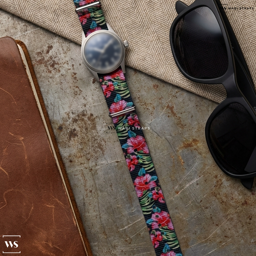 Black/Green/Pink Floral Print Nylon Watch Strap on Khaki Field Quartz 38mm