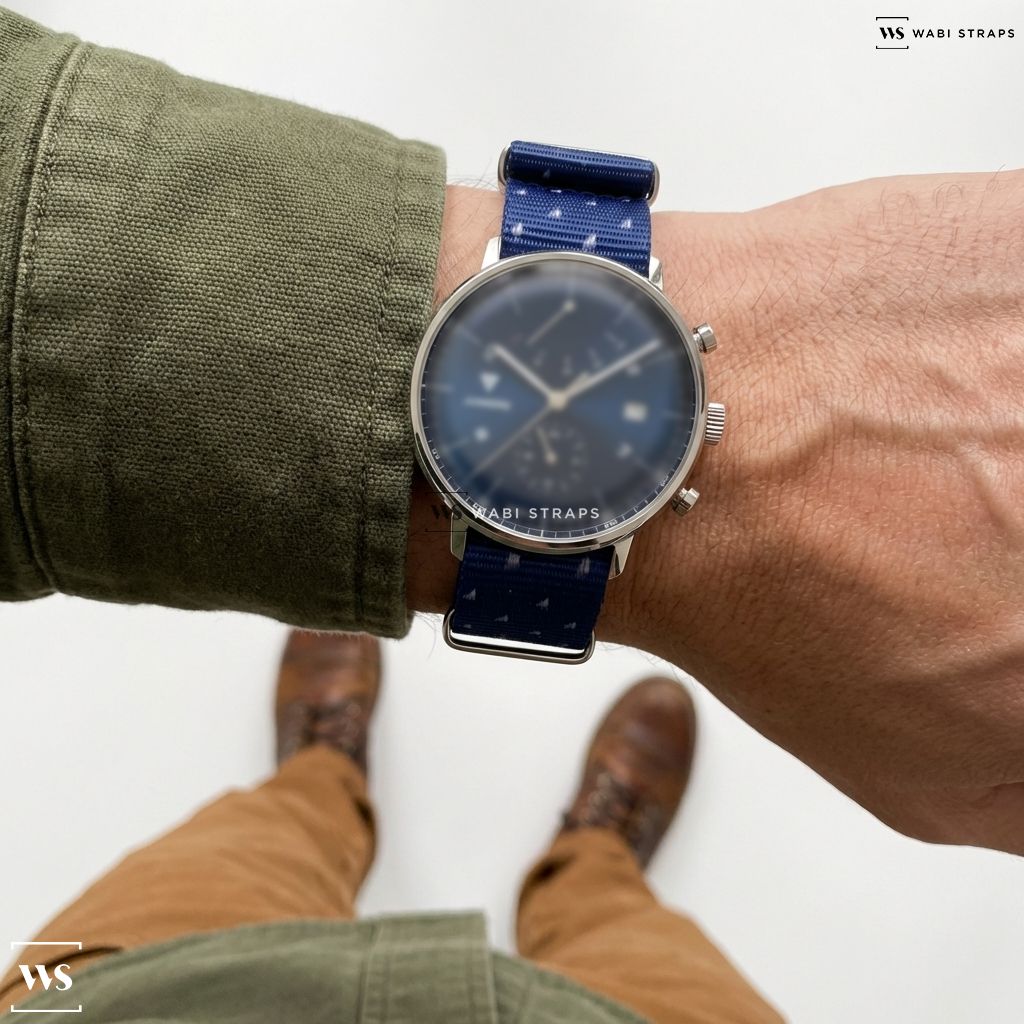 Blue Graphic Print Nylon Watch Strap on Junkers Bauhaus 9.11.01.12
