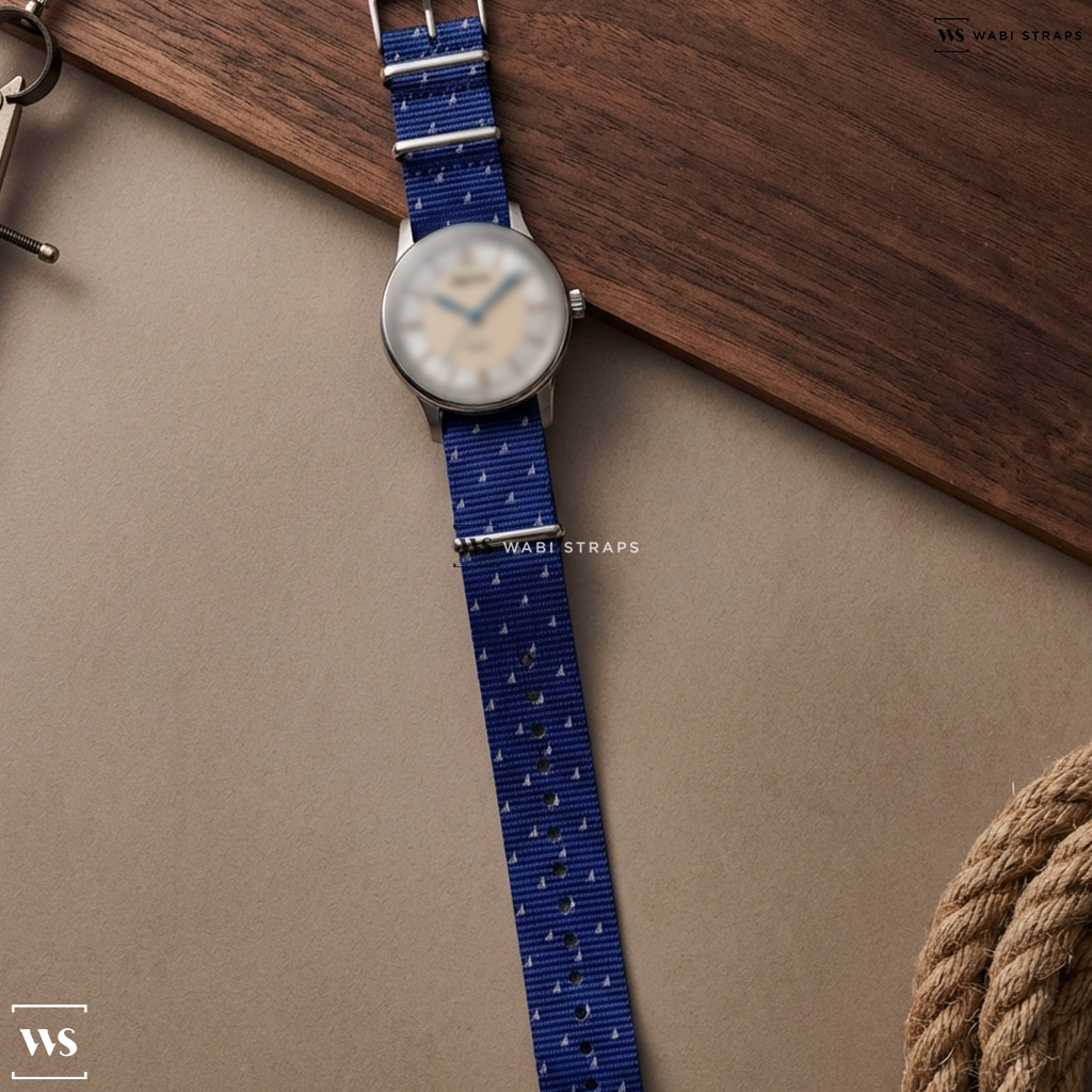 Blue Graphic Print Nylon Watch Strap on Alpina Heritage Automatic