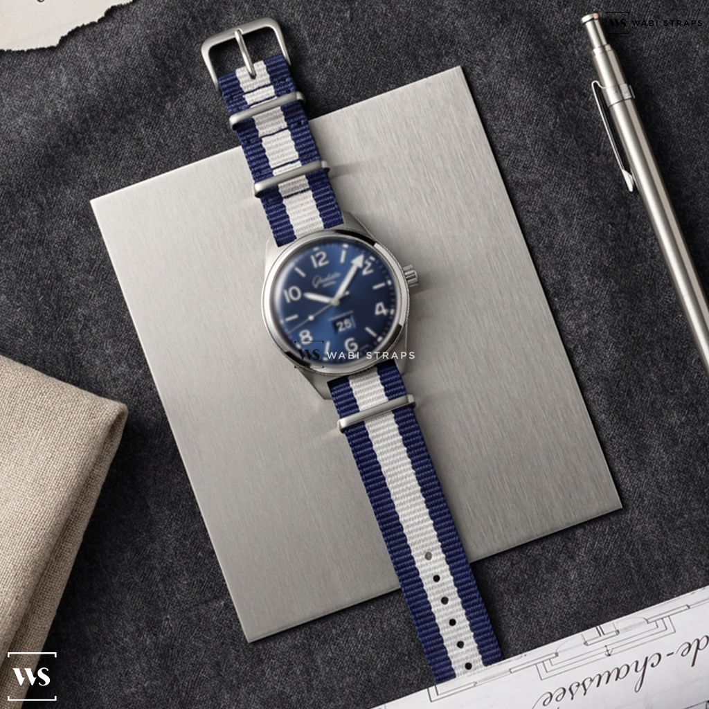 Blue/White 3 Stripes Nylon Watch Strap on Glashutte Original Sixties Panorama Date