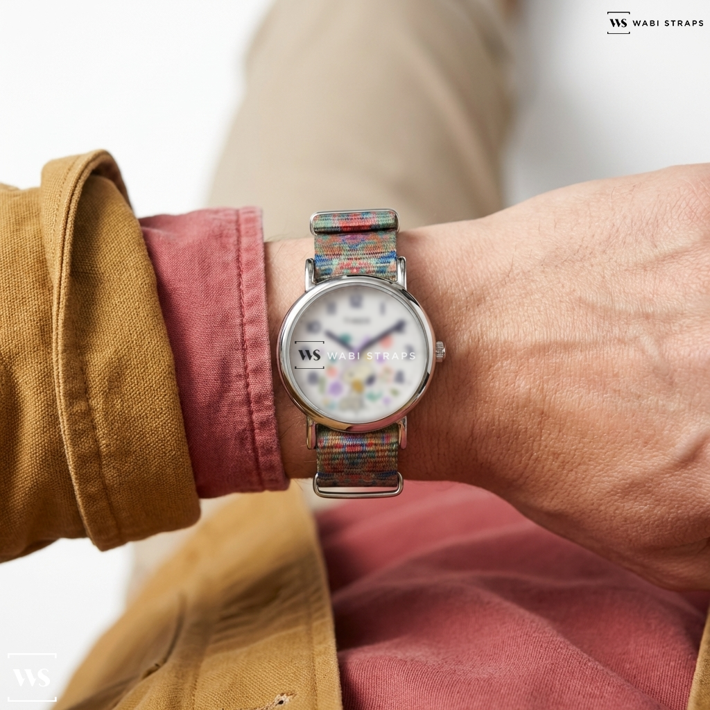 Blue/Green/Red Graphic Print Nylon Watch Strap on Timex Weekender x Peanuts Floral