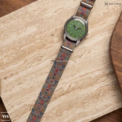 Blue/Green/Red Graphic Print Nylon Watch Strap on Paulin Neo x Windup Watch Shop Exclusive