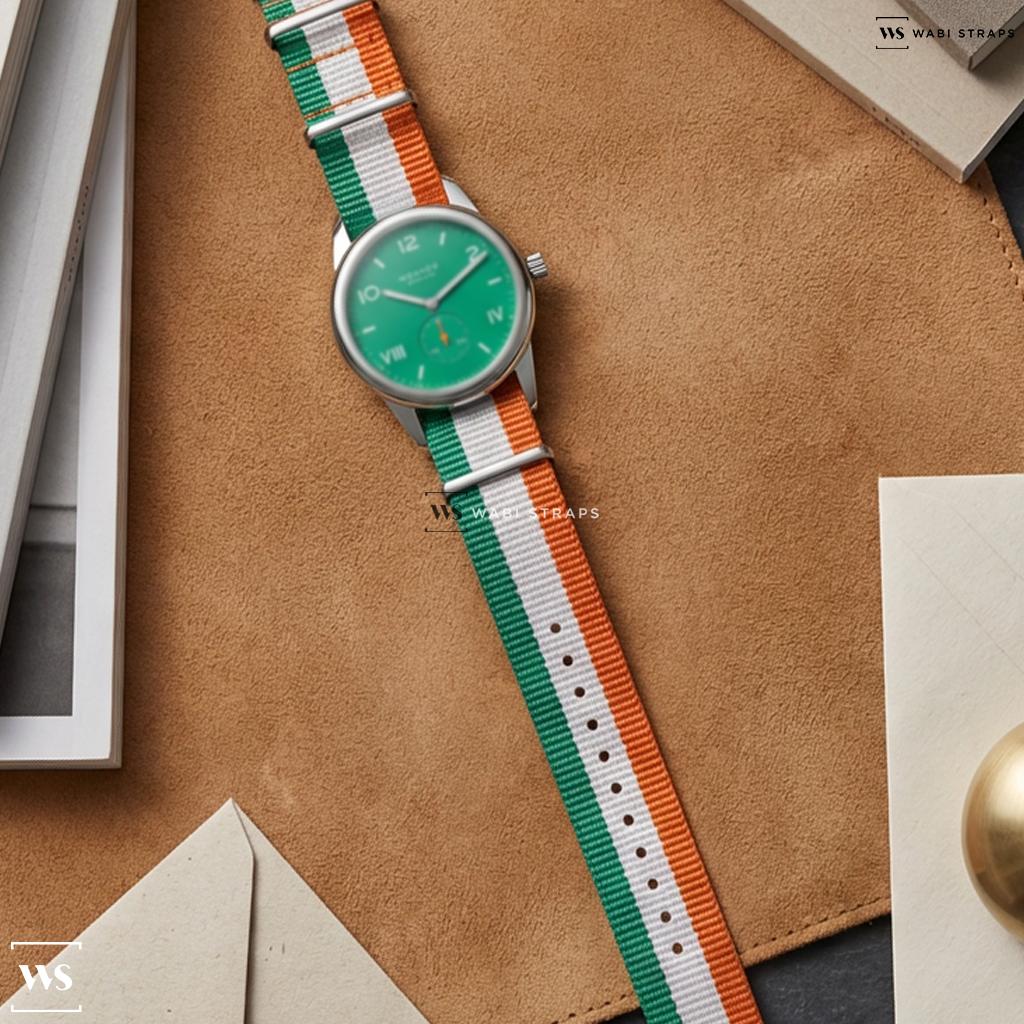 Green/Orange/White 3 Stripes Nylon Watch Strap on Nomos Glashutte Club Campus 38 Electric Green 726