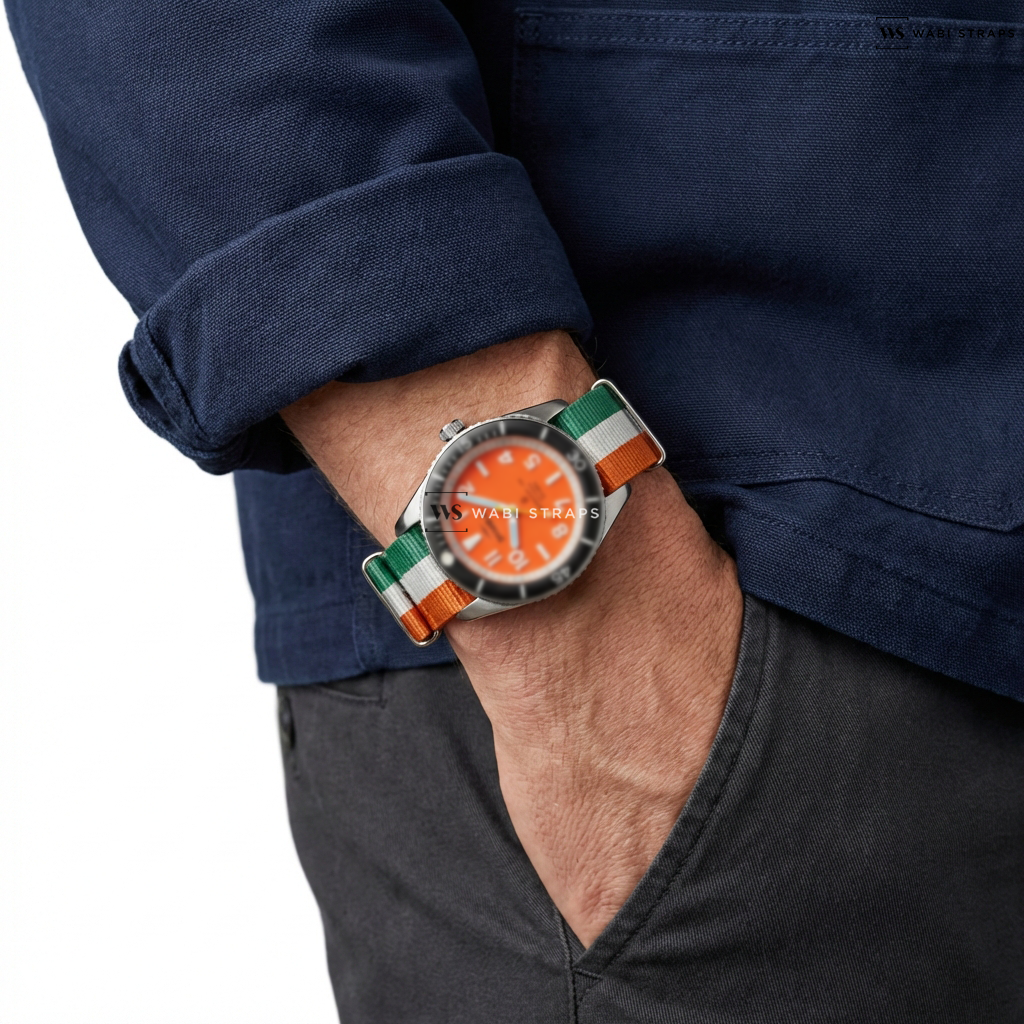 Green/Orange/White 3 Stripes Nylon Watch Strap on Shinola Duck 3H Orange Argonite 713 Detroit