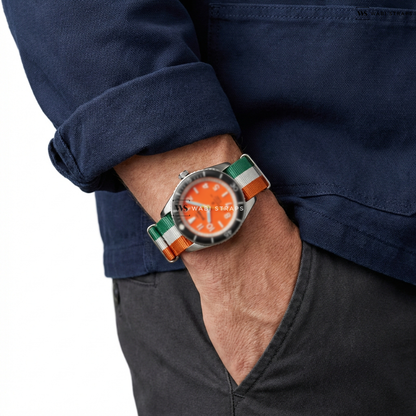 Green/Orange/White 3 Stripes Nylon Watch Strap on Shinola Duck 3H Orange Argonite 713 Detroit