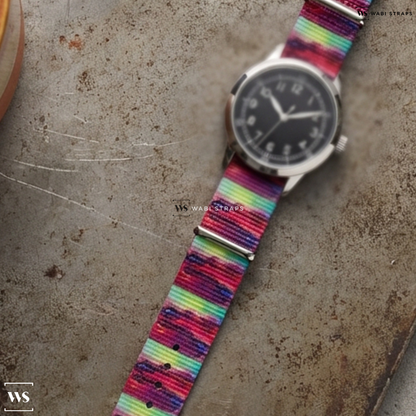 Blue/Purple/Red Tie Dye Nylon Watch Strap on Praesidus Watch Co. A-11 Spec 2