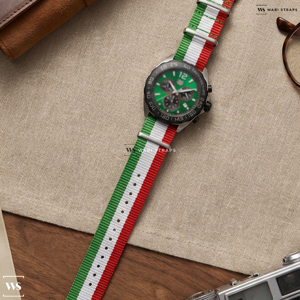 Green/Red/White 3 Stripes Nylon Watch Strap on Tag Heuer Formula 1 FT8056