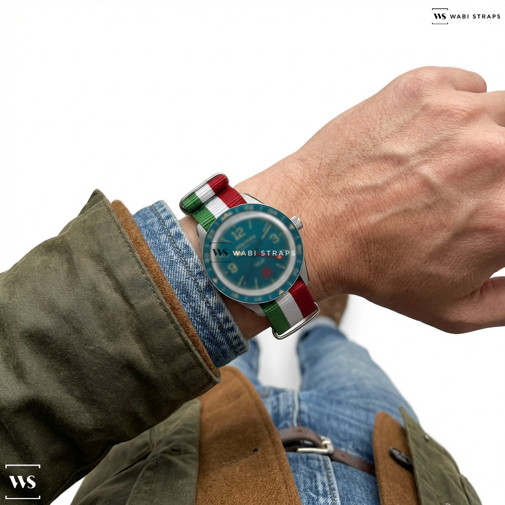 Green/Red/White 3 Stripes Nylon Watch Strap on Echo/Neutra Cortina 1956 GMT