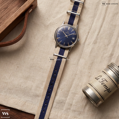 Beige/Blue 3 Stripes Nylon Watch Strap on Omega Geneve Automatic Dress Watch Blue Dial