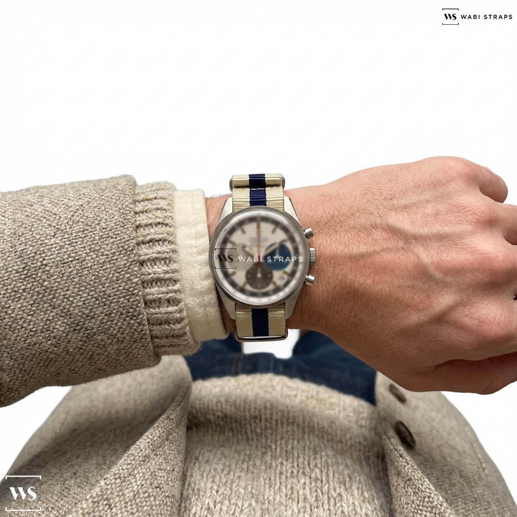 Beige/Blue 3 Stripes Nylon Watch Strap on Zenith El Primero Reference A386