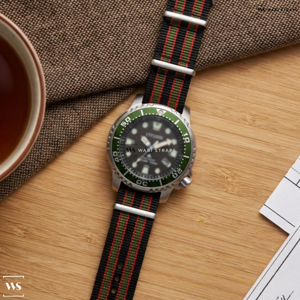 Black/Green/Red 5 Stripes Nylon Watch Strap on Citizen Eco Drive Promaster Diver Kermit
