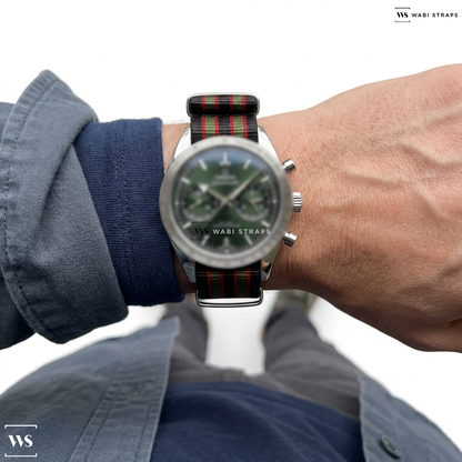 Black/Green/Red 5 Stripes Nylon Watch Strap on Omega Speedmaster 57 Co Axial Chronograph