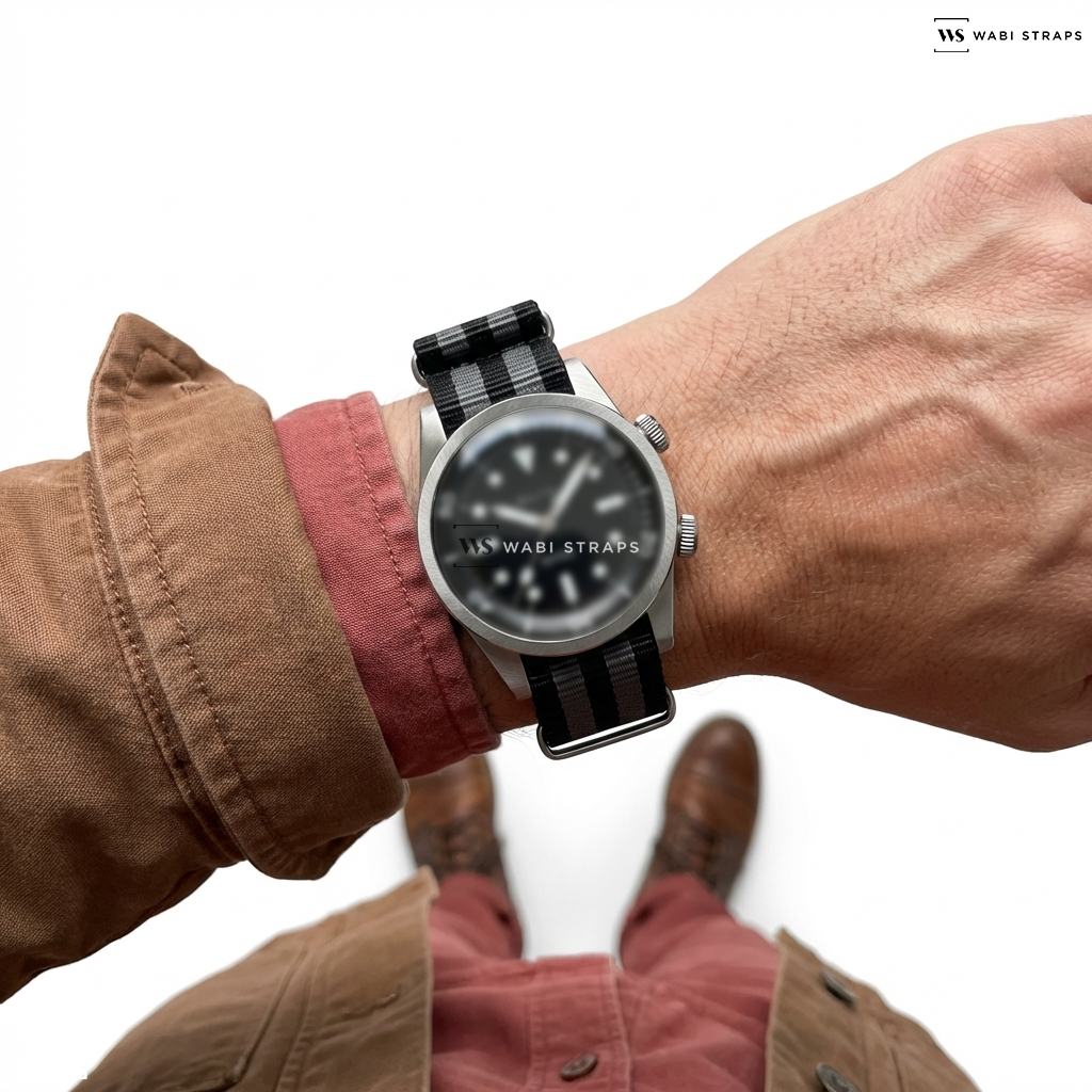 Grey/Black 5 Stripes Nylon Watch Strap on Scurfa Watches Bell Diver Black PVD