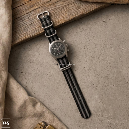 Black/Grey 5 Stripes Nylon Watch Strap on Tudor Black Bay Chronograph