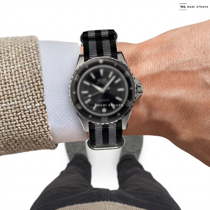Black/Grey 5 Stripes Nylon Watch Strap on Mido Ocean Star Dive Watch