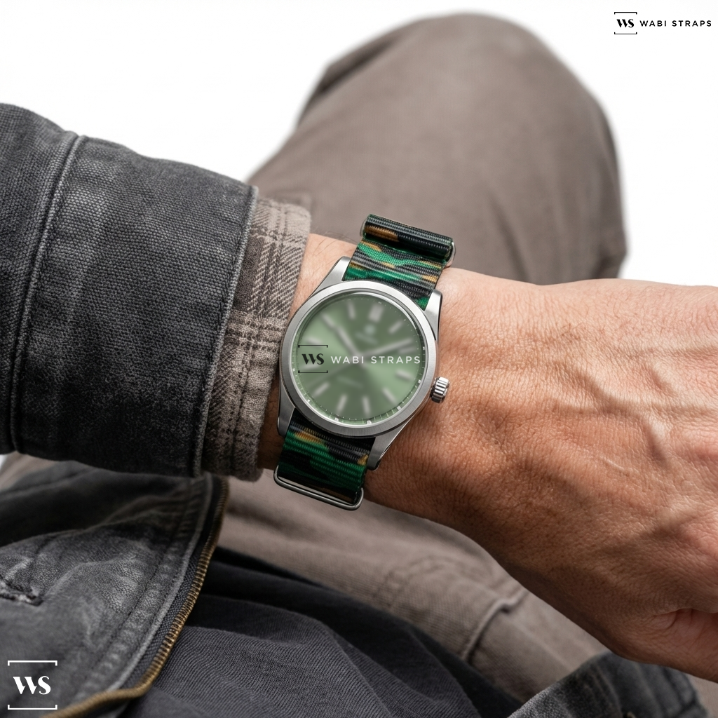 Black/Brown/Green Camouflage Nylon Watch Strap on Traska Commuter 36 Cypress Green