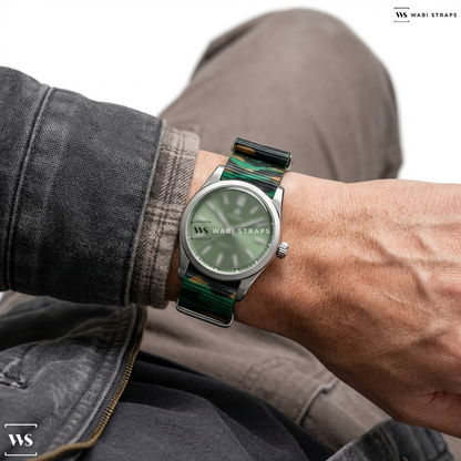 Black/Brown/Green Camouflage Nylon Watch Strap on Traska Commuter 36 Cypress Green