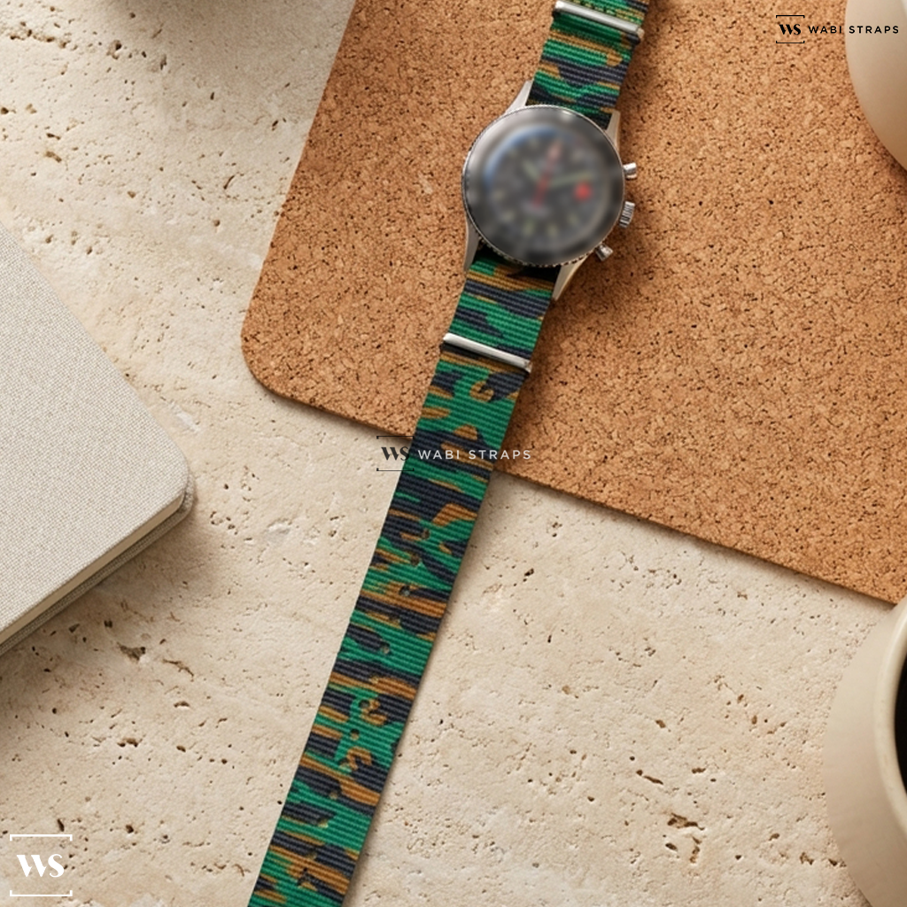 Black/Brown/Green Camouflage Nylon Watch Strap on Nivada Grenchen Chronomaster