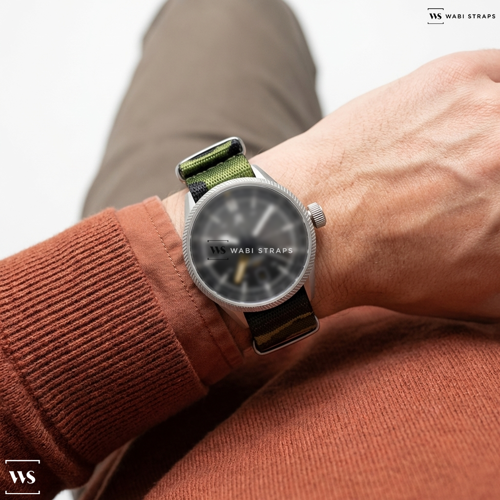 Black/Brown Tactical Camouflage Nylon Watch Strap on [VAULT] CWC Royal Navy Diver Quartz Watch (Tritium Dial and Hands)
