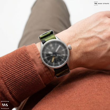 Black/Brown Tactical Camouflage Nylon Watch Strap on [VAULT] CWC Royal Navy Diver Quartz Watch (Tritium Dial and Hands)
