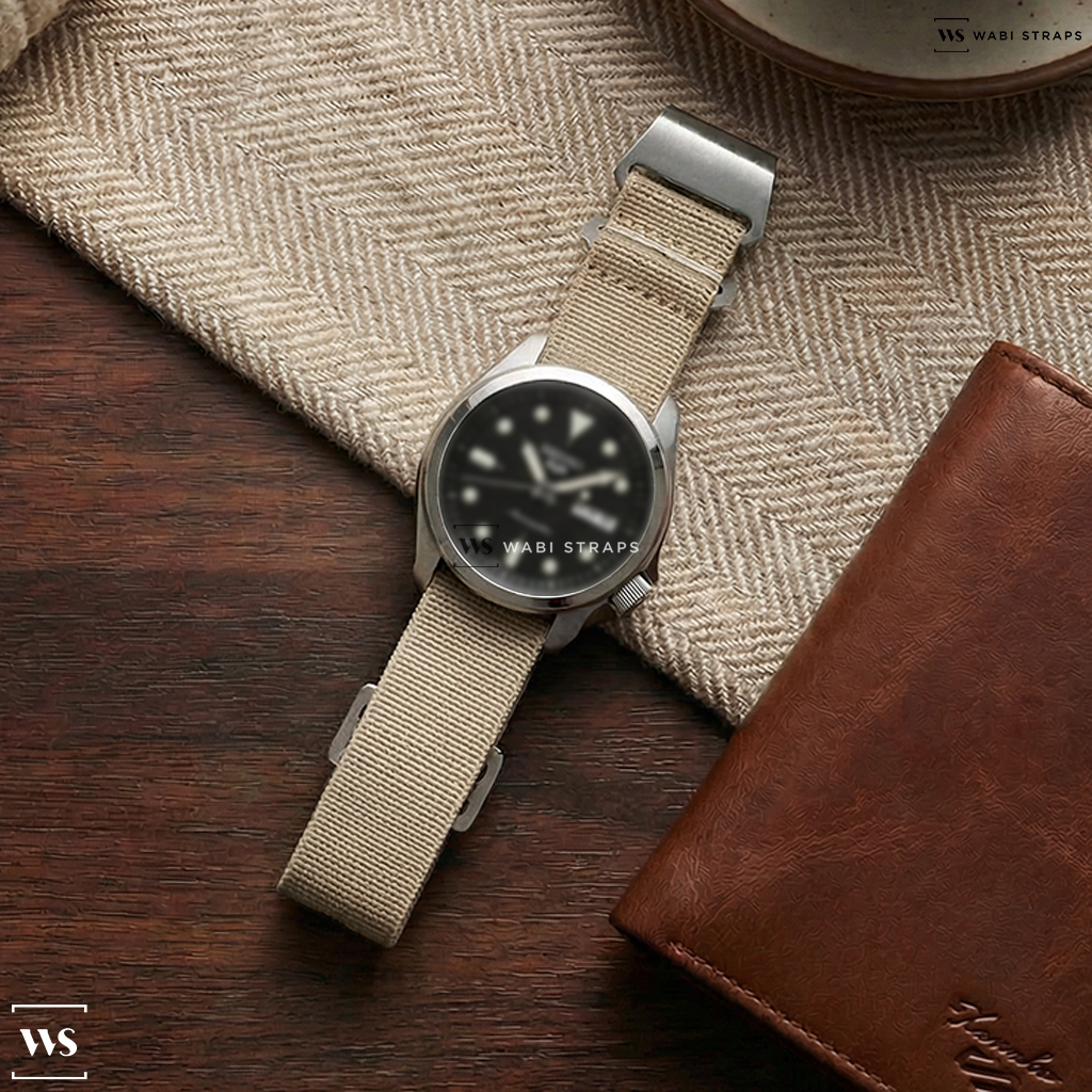 Brown Basic Nylon Watch Strap on Seiko 5 Sports 24-Jewel Automatic Watch with Black Dial and SS Bracelet #SRPE55