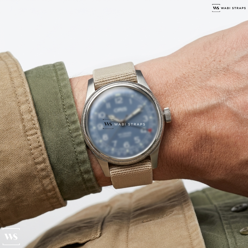 Brown Basic Nylon Watch Strap on Oris Big Crown Pointer Date