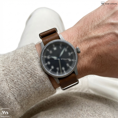 Tan Aged Rustic Leather Watch Strap on Sterile Big Crown Pilot Watch