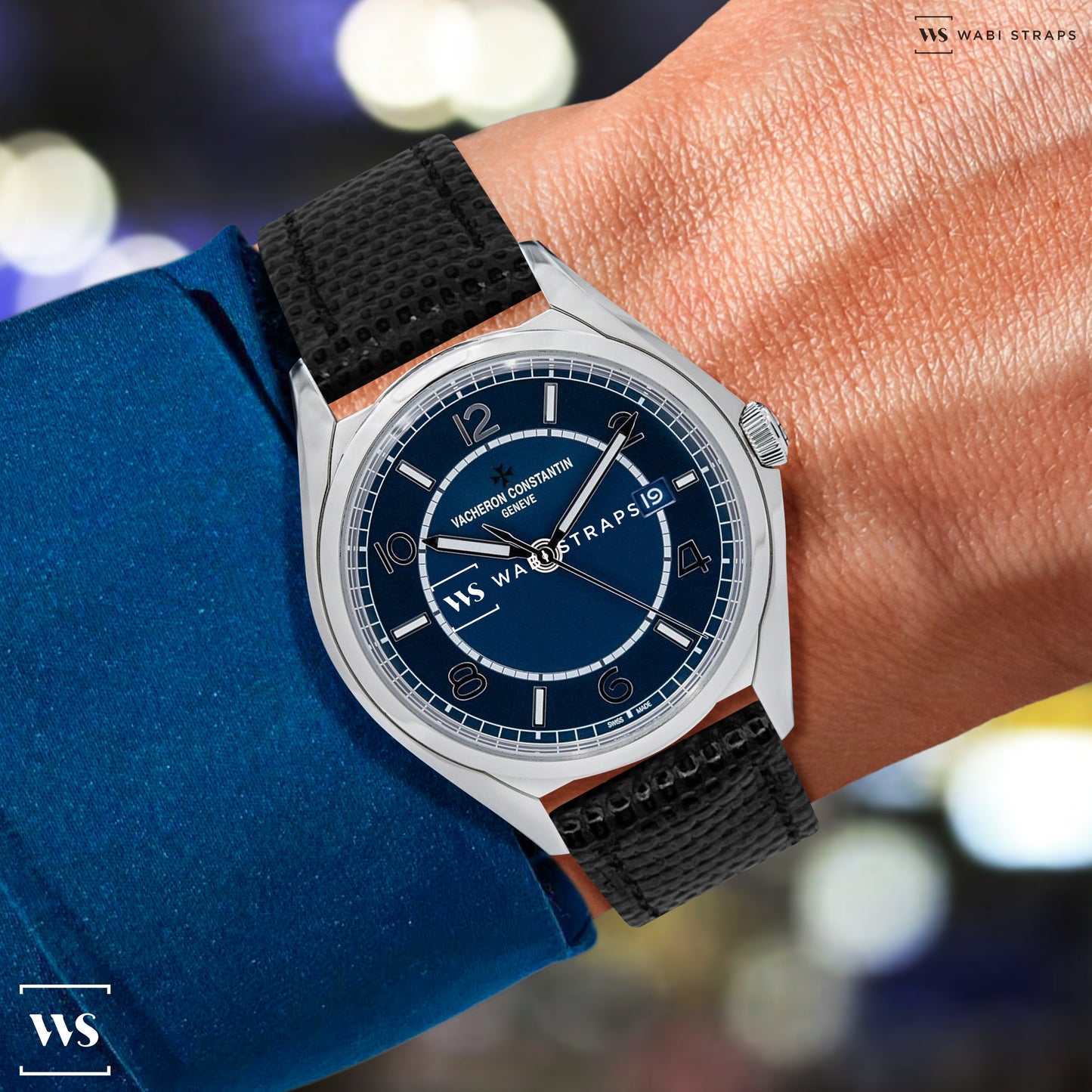 Black Lizard Grain Bonded Leather Strap