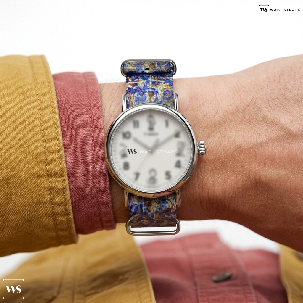 Blue/Brown/White Graphic Print Nylon Watch Strap on Timex Standard x Peanuts Sketch 40mm