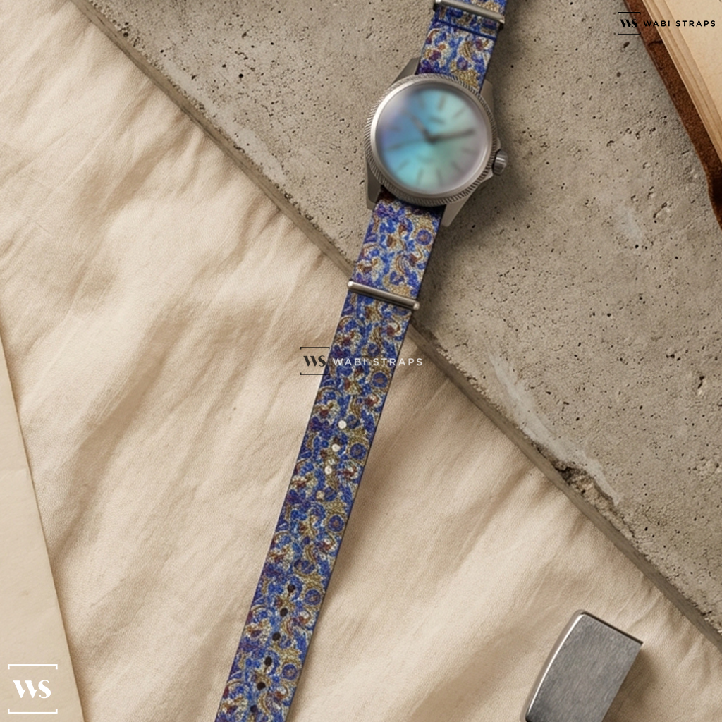 Blue/Brown/White Graphic Print Nylon Watch Strap on Oris Propilot X Calibre 400