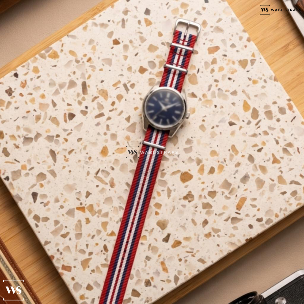 Blue/Red/White 7 Stripes Nylon Watch Strap on Grand Seiko Heritage SBGY009
