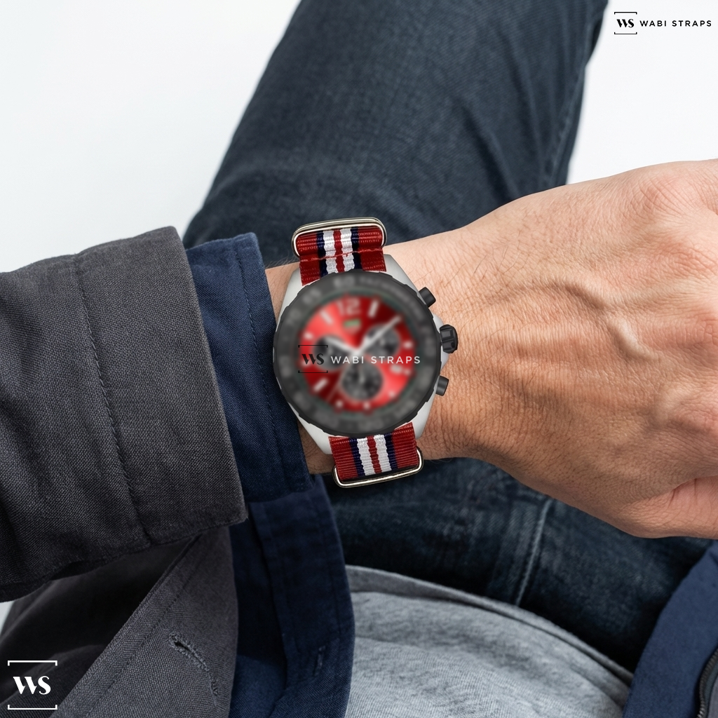 Blue/Red/White 7 Stripes Nylon Watch Strap on TAG Heuer Formula 1 Red Chronograph