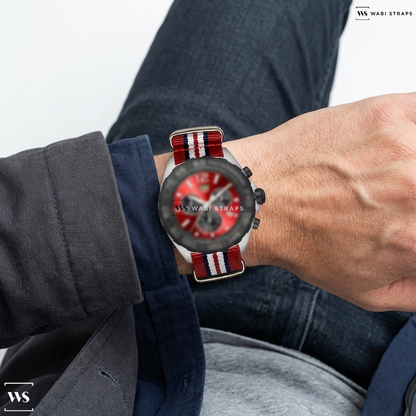 Blue/Red/White 7 Stripes Nylon Watch Strap on TAG Heuer Formula 1 Red Chronograph