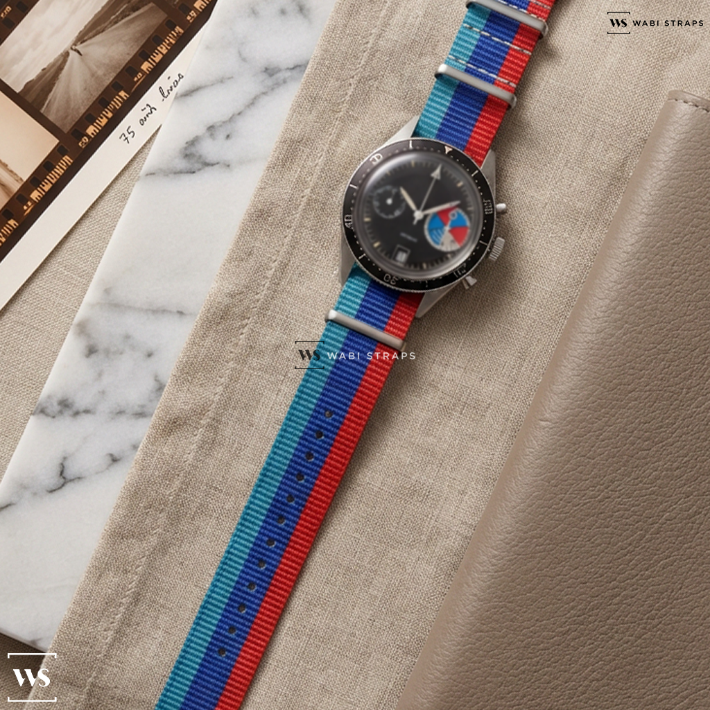 Blue/Red 3 Stripes Nylon Watch Strap on Unbranded 1970s Yachtingraf Big Eye Chronograph