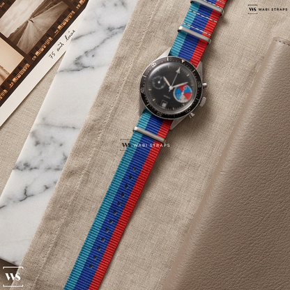 Blue/Red 3 Stripes Nylon Watch Strap on Unbranded 1970s Yachtingraf Big Eye Chronograph