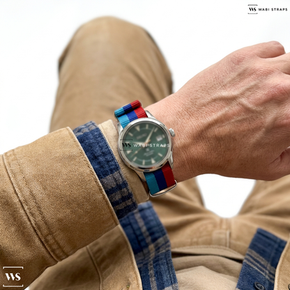 Blue/Red 3 Stripes Nylon Watch Strap on Seiko 38MM Prospex Mystic Forest Alpinist