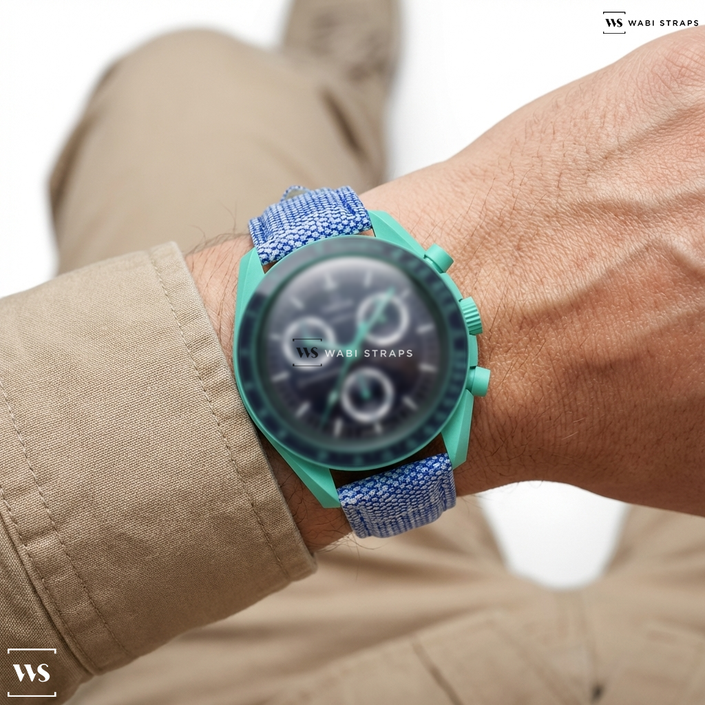 Blue Denim Leather Watch Strap on MOONSWATCH MISSION ON EARTH - POLAR LIGHTS