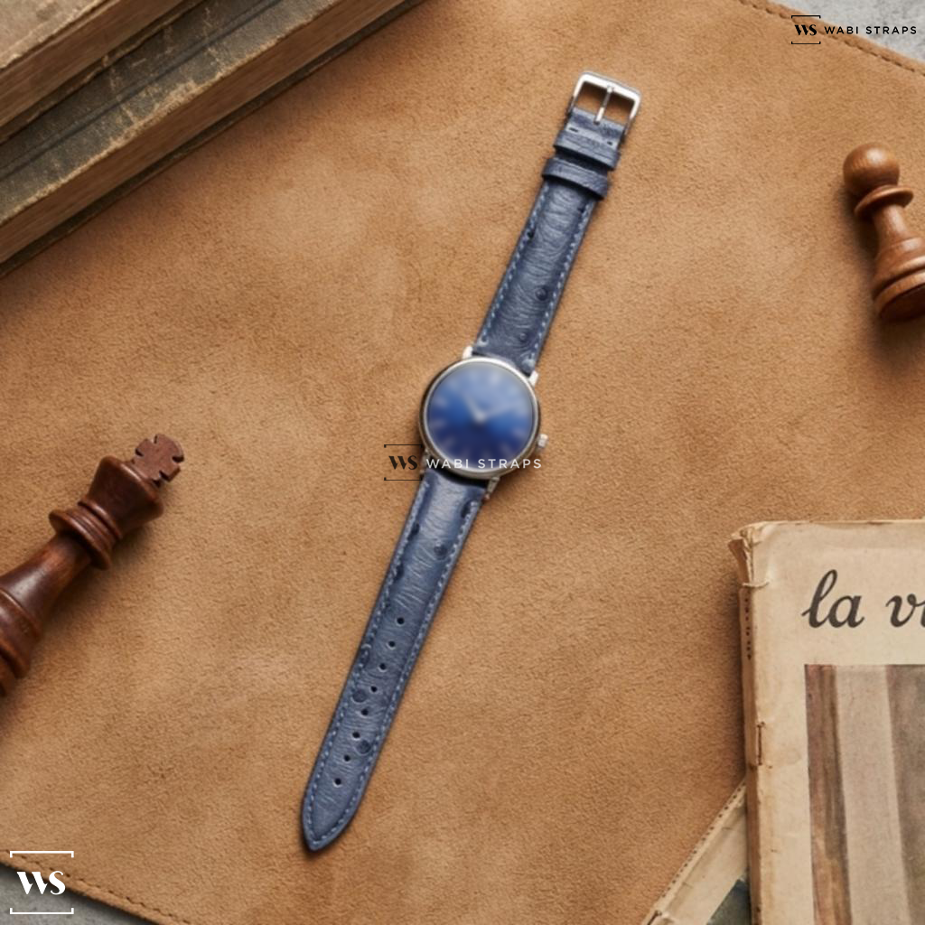 Blue Ostrich Grain Leather Watch Strap on A. Lange and Sohne Saxonia Thin Manual Wind Blue Gold-Flux Dial
