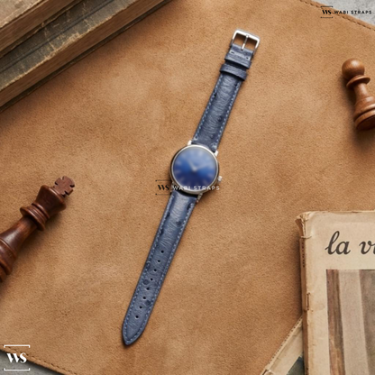 Blue Ostrich Grain Leather Watch Strap on A. Lange and Sohne Saxonia Thin Manual Wind Blue Gold-Flux Dial
