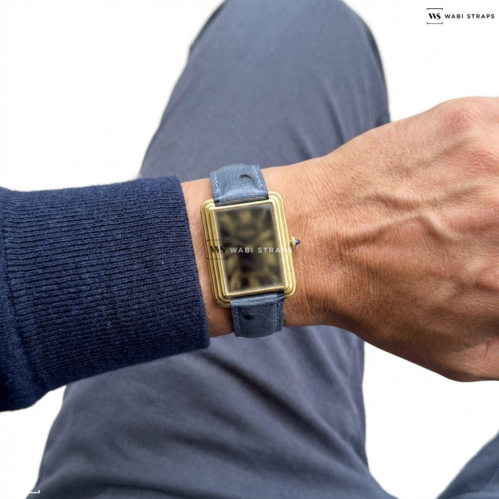 Blue Ostrich Grain Leather Watch Strap on Cartier Stepped Case