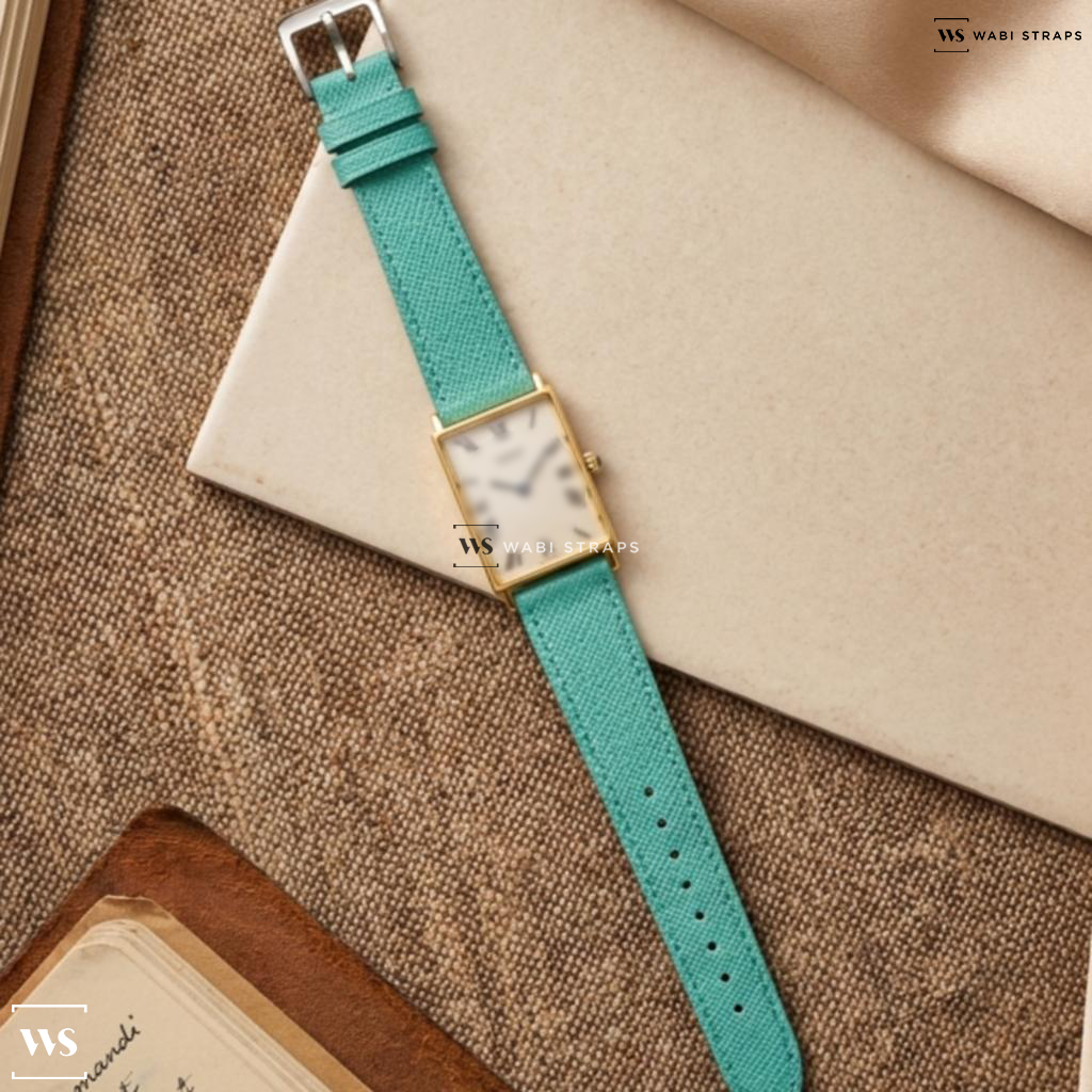 Blue Cross Hatch Leather Watch Strap on Universal Geneve Tank
