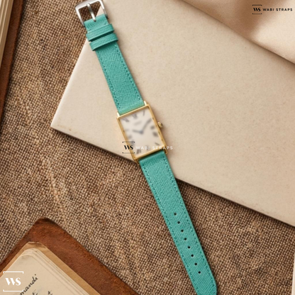 Blue Cross Hatch Leather Watch Strap on Universal Geneve Tank
